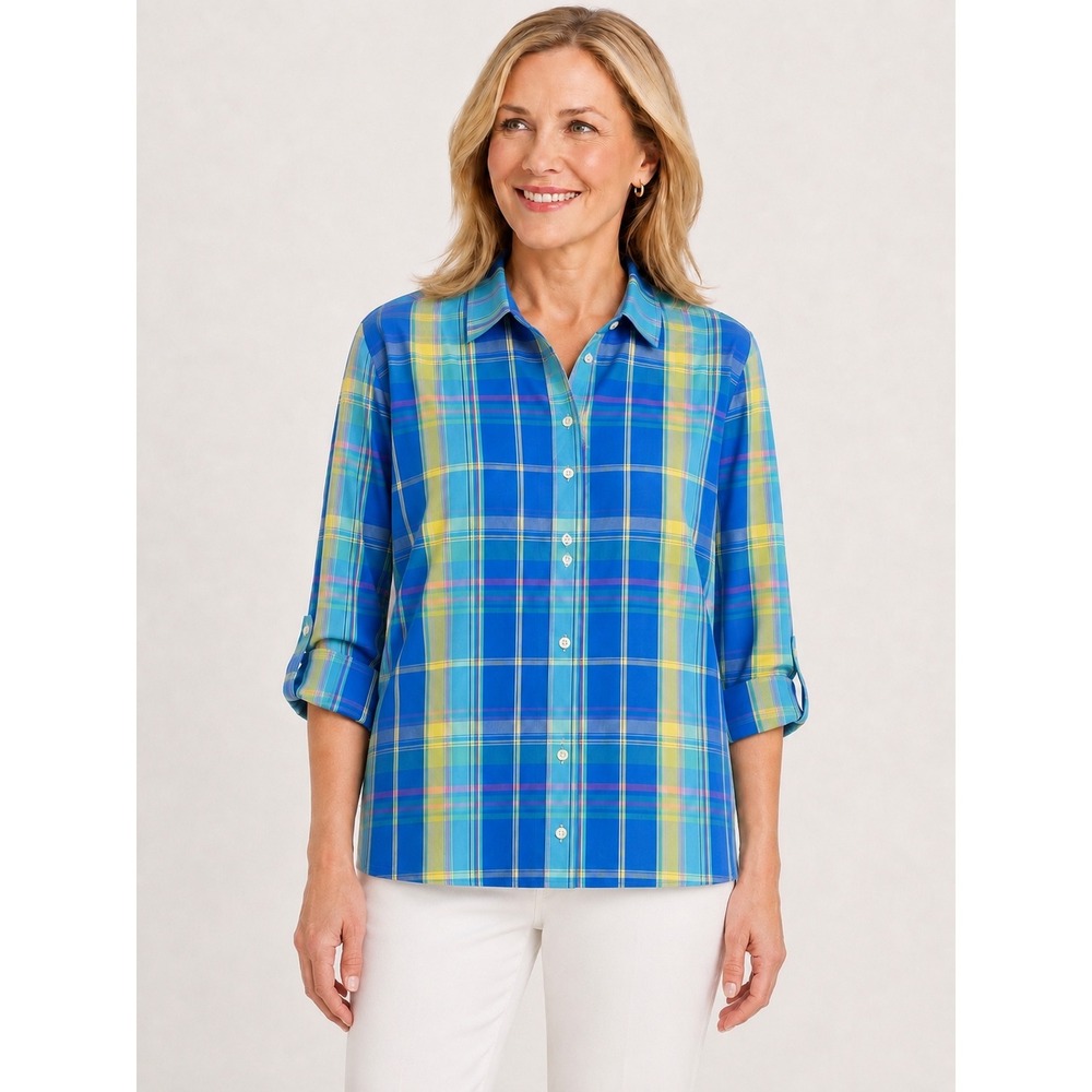 Talbots Womens Plaid Button Down Shirt XL Blue Green Cotton Roll Tab Sleeve Tops